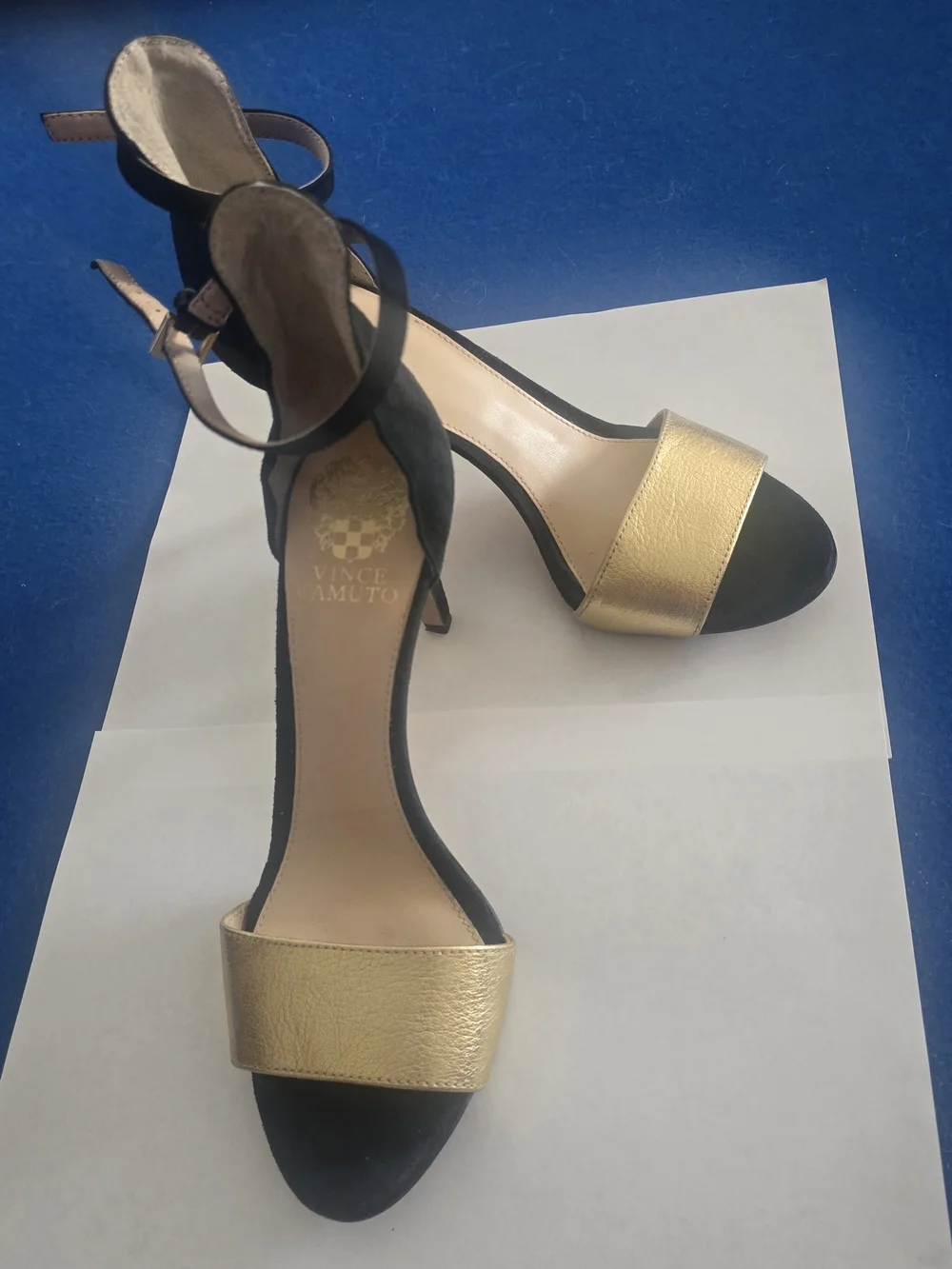 Vince Camuto Black and Gold Open-Toe Ankle-Strap Heels